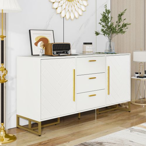 Buffet Blanc, Buffet De Salon Avec Motif Chevron, 2 Portes Et 3 Tiroirs