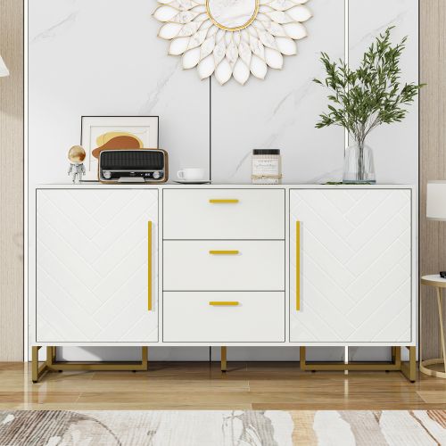 Buffet Blanc, Buffet De Salon Avec Motif Chevron, 2 Portes Et 3 Tiroirs