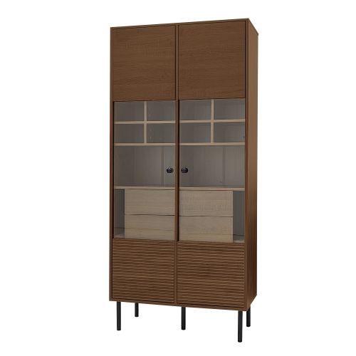 Vitrine Haute Polyvalente En Imitation Noyer Avec Vitrine En Verre Et Tiroir Caché