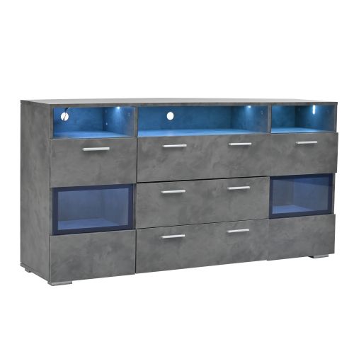 Buffet Gris 140 X 33.5 X 72.5 Cm Avec LED, Portes Acryliques, 2 Portes, 3 Tiroirs