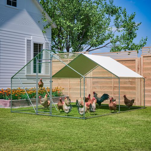 Enclos Poulailler 3x4 M En Acier Galvanisé Avec Échelle De Perchoir, Bâche Pe Anti-uv Et Verrou