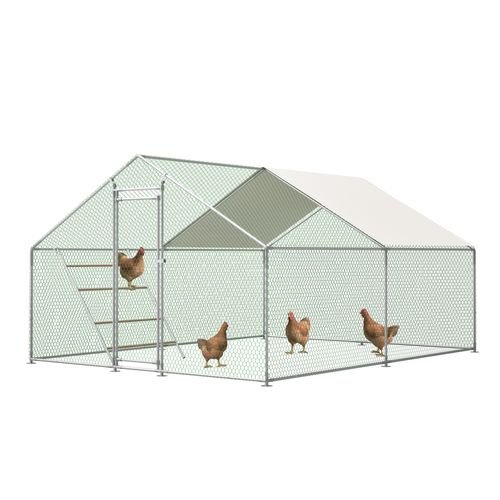 Enclos Poulailler 3x4 M En Acier Galvanisé Avec Échelle De Perchoir, Bâche Pe Anti-uv Et Verrou