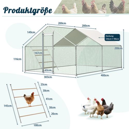 Enclos Poulailler 3x4 M En Acier Galvanisé Avec Échelle De Perchoir, Bâche Pe Anti-uv Et Verrou