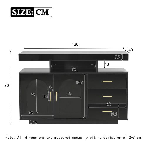 Buffet De Salon, Buffet LED Noir Brillant 120x40x80 Cm, 3 Tiroirs, 2 Portes Acryliques