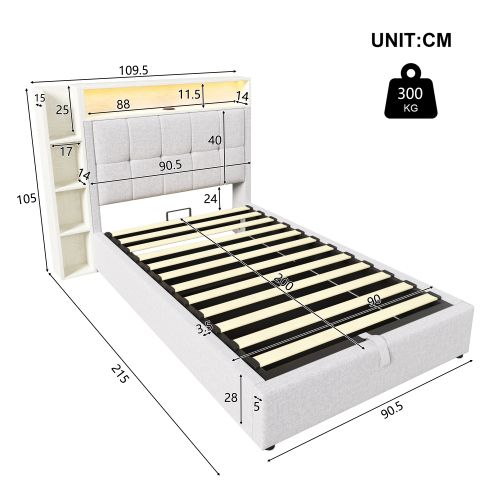 Lit Coffre 90x200 Cm Avec Tête De Lit De Rangement LED Et Ports USB Et Type-c, En Lin, Beige