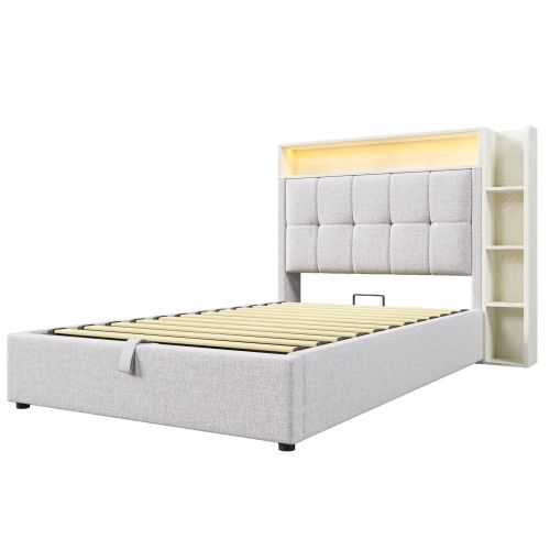 Lit Coffre 90x200 Cm Avec Tête De Lit De Rangement LED Et Ports USB Et Type-c, En Lin, Beige