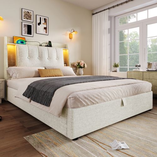 Lit Coffre 90x200 Cm, Avec Tête De Lit De Rangement Et LED, En Lin, Beige