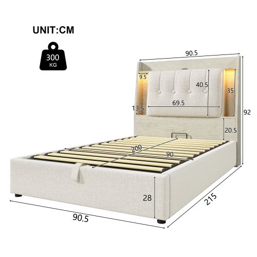 Lit Coffre 90x200 Cm, Avec Tête De Lit De Rangement Et LED, En Lin, Beige
