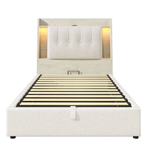 Lit Coffre 90x200 Cm, Avec Tête De Lit De Rangement Et LED, En Lin, Beige