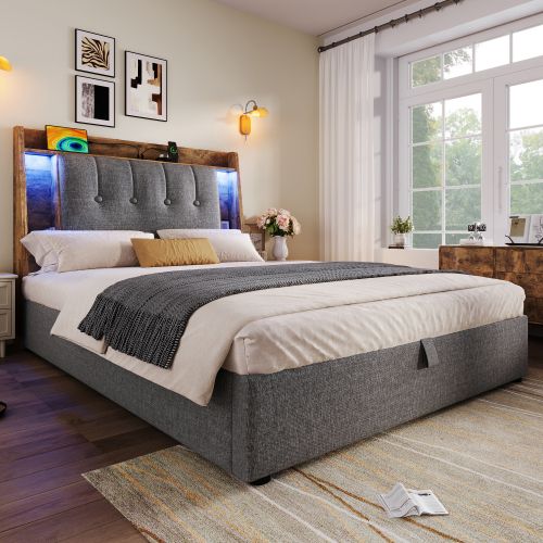 Lit Coffre 90x200 Cm, Avec Tête De Lit De Rangement Et LED, En Lin, Gris