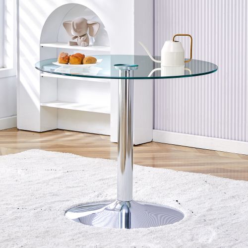 Table Haute De Bar Ronde 85 Cm, Plateau En Verre Transparent, Pied En Métal Argenté
