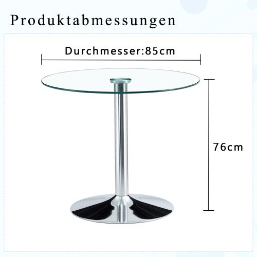 Table Haute De Bar Ronde 85 Cm, Plateau En Verre Transparent, Pied En Métal Argenté