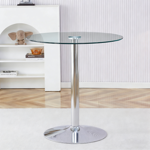Table Haute De Bar Ronde 89 Cm, Plateau En Verre Transparent, Base Métal Argenté, Hauteur 92 Cm