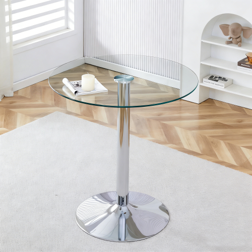 Table Haute De Bar Ronde 89 Cm, Plateau En Verre Transparent, Base Métal Argenté, Hauteur 92 Cm