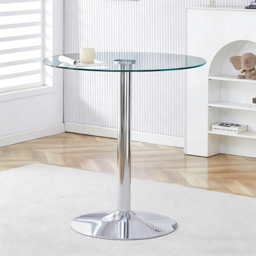 Table Haute De Bar Ronde 89 Cm, Plateau En Verre Transparent, Base Métal Argenté, Hauteur 92 Cm