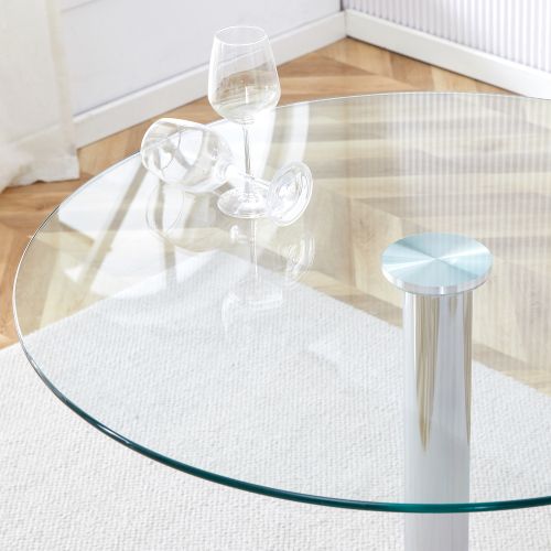 Table Haute De Bar Ronde 89 Cm, Plateau En Verre Transparent, Base Métal Argenté, Hauteur 92 Cm