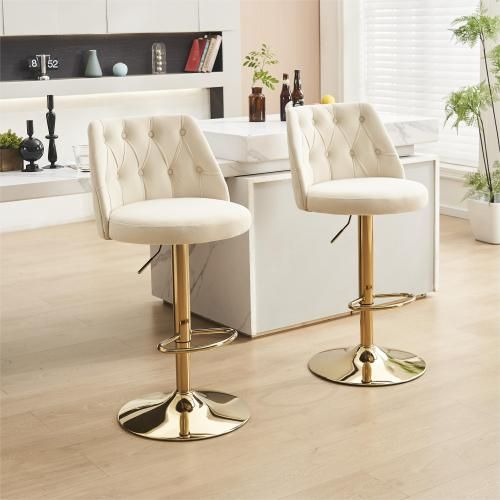 Lot De 2 Tabouret De Bar En Velours, Dossier Haut Rembourré, Pivotant Et Réglable, Beige