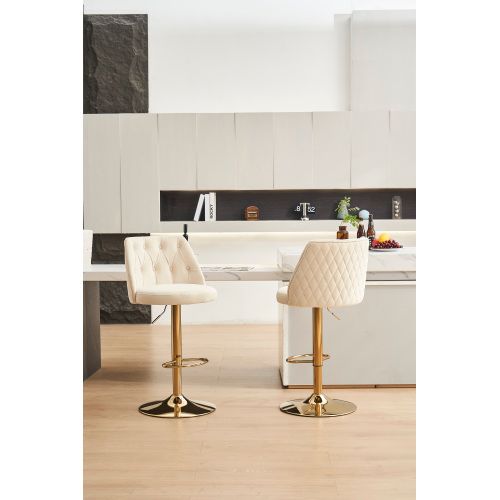Lot De 2 Tabouret De Bar En Velours, Dossier Haut Rembourré, Pivotant Et Réglable, Beige