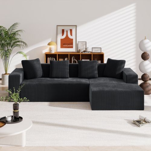 Canapé D'angle Compressé Modulable 3 Places En Velours Côtelé - Noir