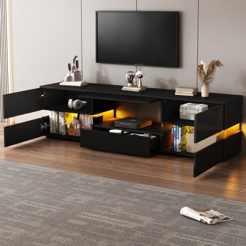 Meuble TV 160 Cm Avec 2 Portes Et 1 Tiroir, Brillante, Niche Ouverte, Avec LED, Noir