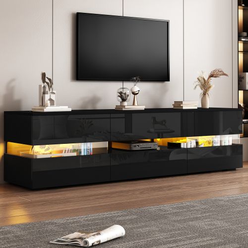 Meuble TV 160 Cm Avec 2 Portes Et 1 Tiroir, Brillante, Niche Ouverte, Avec LED, Noir