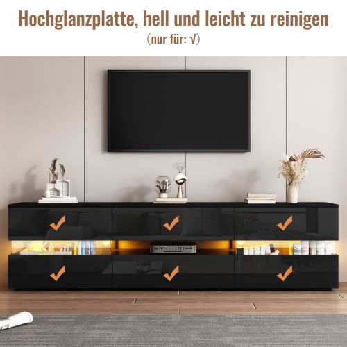Meuble TV 160 Cm Avec 2 Portes Et 1 Tiroir, Brillante, Niche Ouverte, Avec LED, Noir