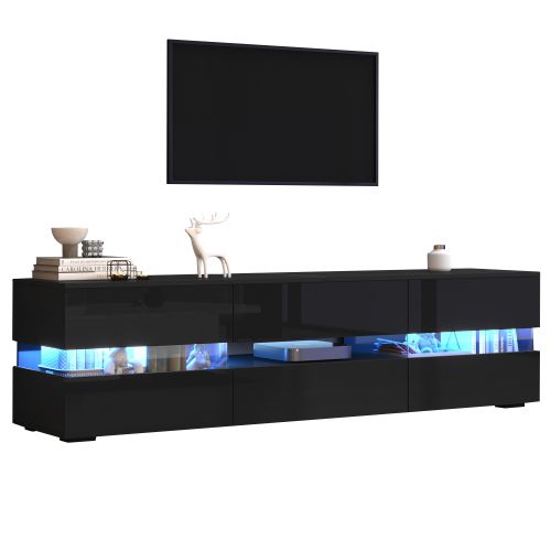 Meuble TV 160 Cm Avec 2 Portes Et 1 Tiroir, Brillante, Niche Ouverte, Avec LED, Noir