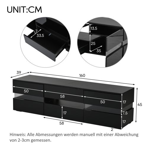 Meuble TV 160 Cm Avec 2 Portes Et 1 Tiroir, Brillante, Niche Ouverte, Avec LED, Noir