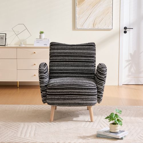 Fauteuil Moderne En Bouclé, Dossier Rembourré, Pieds En Bois, Noir