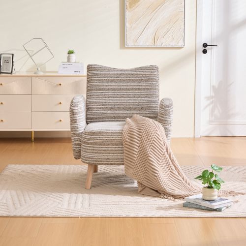 Fauteuil En Bouclé, Assise Et Dossier Rembourrés, Poche Latérale, Pieds Bois Massif, Kaki