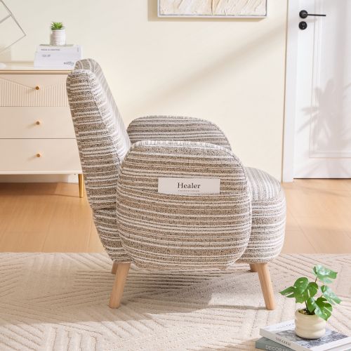 Fauteuil En Bouclé, Assise Et Dossier Rembourrés, Poche Latérale, Pieds Bois Massif, Kaki