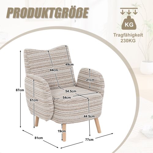 Fauteuil En Bouclé, Assise Et Dossier Rembourrés, Poche Latérale, Pieds Bois Massif, Kaki