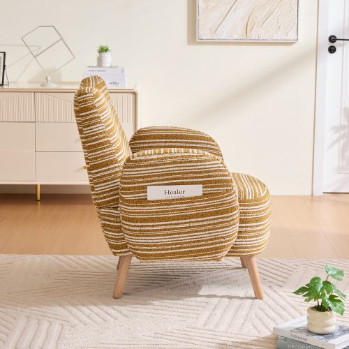 Fauteuil En Bouclé, Pieds Bois Massif, Poche Latérale, Jaune Moutarde