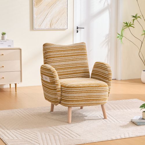 Fauteuil En Bouclé, Pieds Bois Massif, Poche Latérale, Jaune Moutarde