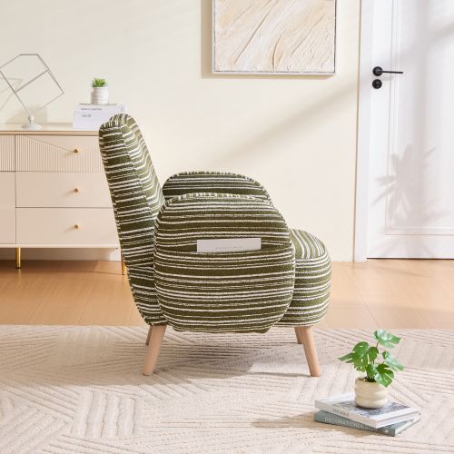 Fauteuil Moderne En Bouclé, Dossier Ergonomique, Pieds En Bois, Vert Olive