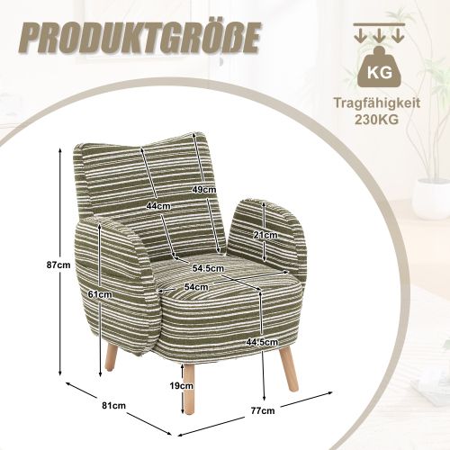 Fauteuil Moderne En Bouclé, Dossier Ergonomique, Pieds En Bois, Vert Olive