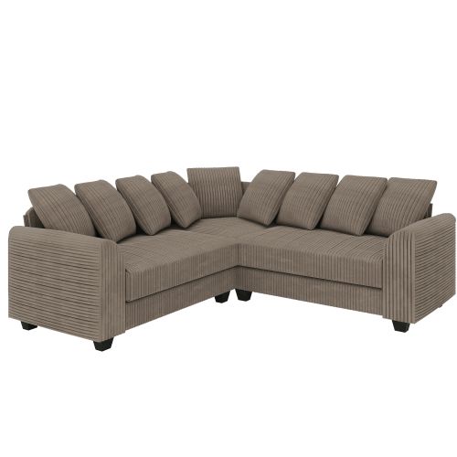 Canapé D'angle Modulable En Velours Côtelé Marron, Assise Profonde Et Coussins Moelleux