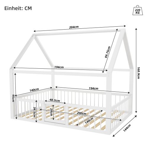 Lit Cabane Enfant 140x200 Cm Avec Barrières, En Métal, Blanc