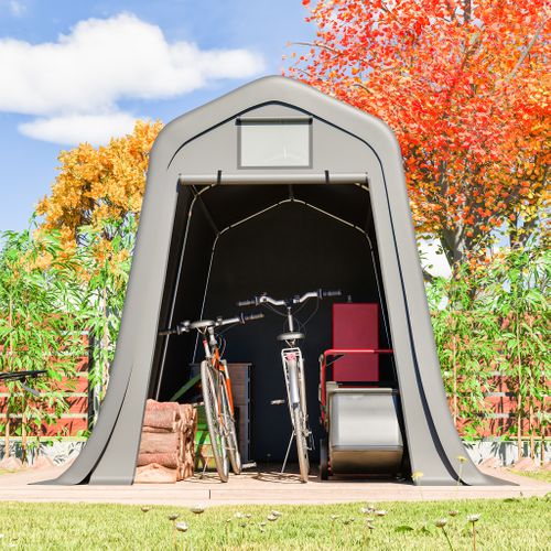 Abri De Rangement 366x213x225 Cm Gris, Toit Pointu, Bâche Pe 170 G/m², Porte Roulante