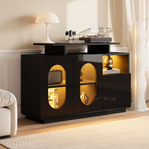 Buffet Noir Avec Éclairage LED, 2 Portes Ovales En Verre, Laquée Brillante
