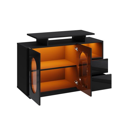 Buffet Noir Avec Éclairage LED, 2 Portes Ovales En Verre, Laquée Brillante