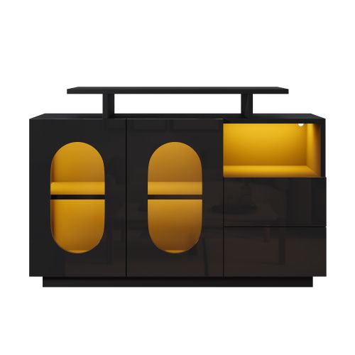 Buffet Noir Avec Éclairage LED, 2 Portes Ovales En Verre, Laquée Brillante