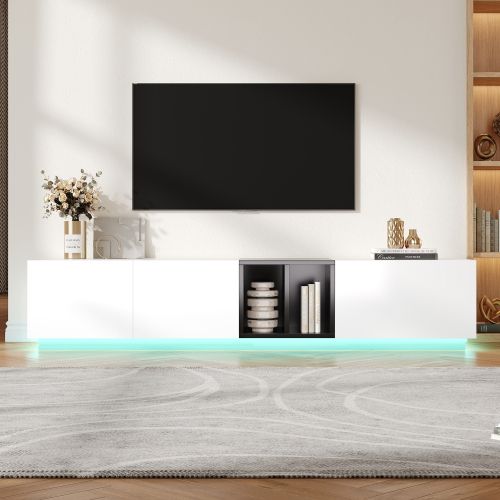 Meuble TV 190 Cm Avec Tiroirs, Rangement Ouvert Et Portes, Blanc