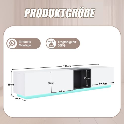 Meuble TV 190 Cm Avec Tiroirs, Rangement Ouvert Et Portes, Blanc