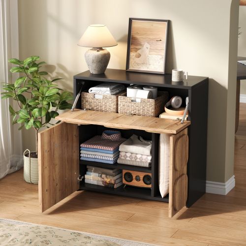 Buffet Noir Et Bois - 5 Grands Compartiments