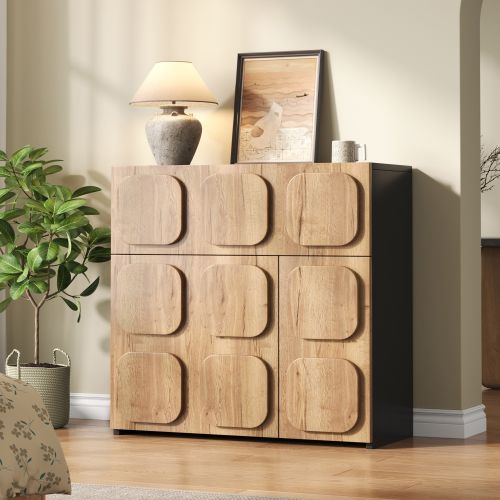 Buffet Noir Et Bois - 5 Grands Compartiments