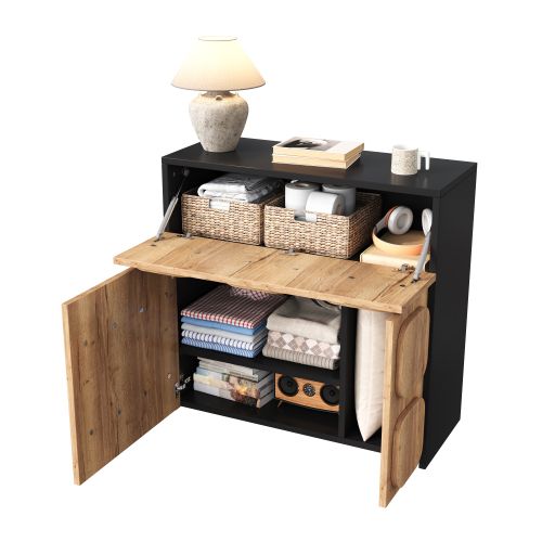 Buffet Noir Et Bois - 5 Grands Compartiments