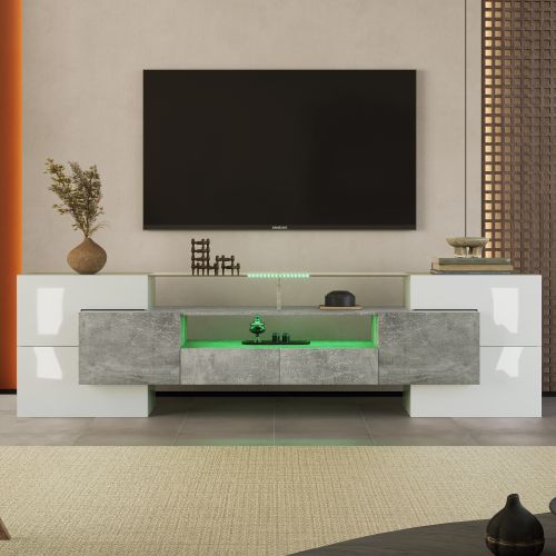Meuble TV 200 Cm Blanche Brillante Et Gris, Avec 6 Portes, 2 Tiroirs, 3 Niches Ouvertes, LED