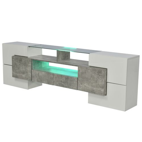 Meuble TV 200 Cm Blanche Brillante Et Gris, Avec 6 Portes, 2 Tiroirs, 3 Niches Ouvertes, LED