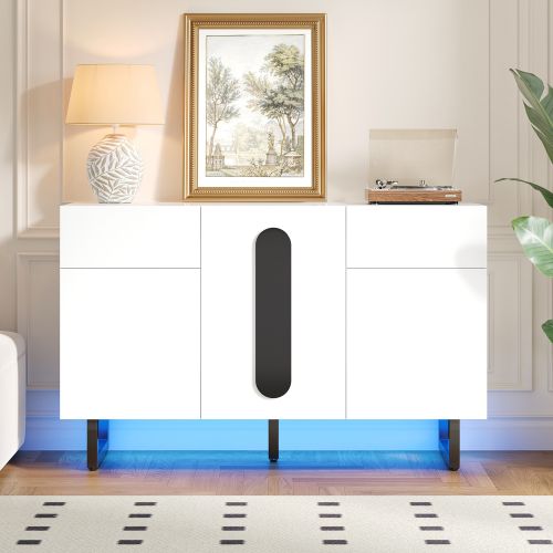 Buffet Blanc 120x60x40.5 Cm, 3 Portes, 2 Tiroirs, Poignées Noires Et Pieds Métal